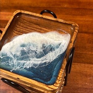 Wooden Coaster with Blue and White Resin Art